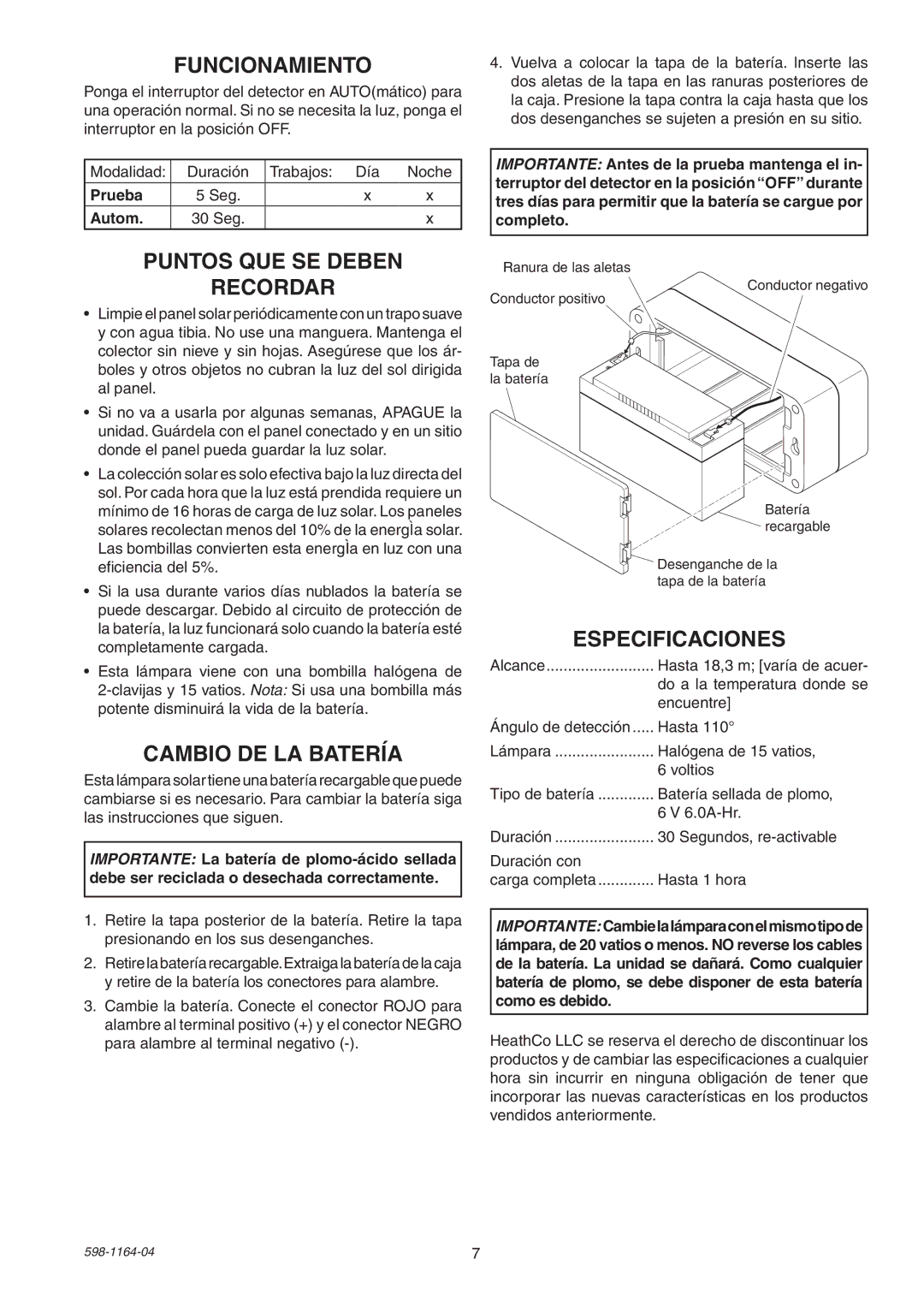 Heath Zenith SH-7001 manual Funcionamiento, Puntos Que Se Deben Recordar, Cambio DE LA Batería, Especificaciones 