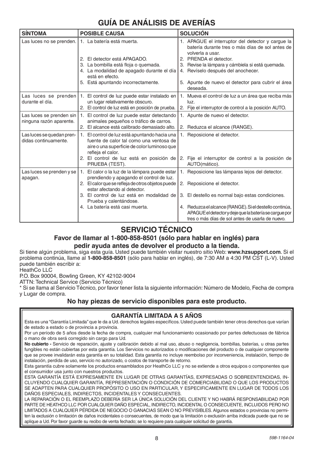 Heath Zenith SH-7001 manual Guía DE Análisis DE Averías, Servicio Técnico, Síntoma Posible Causa Solución 