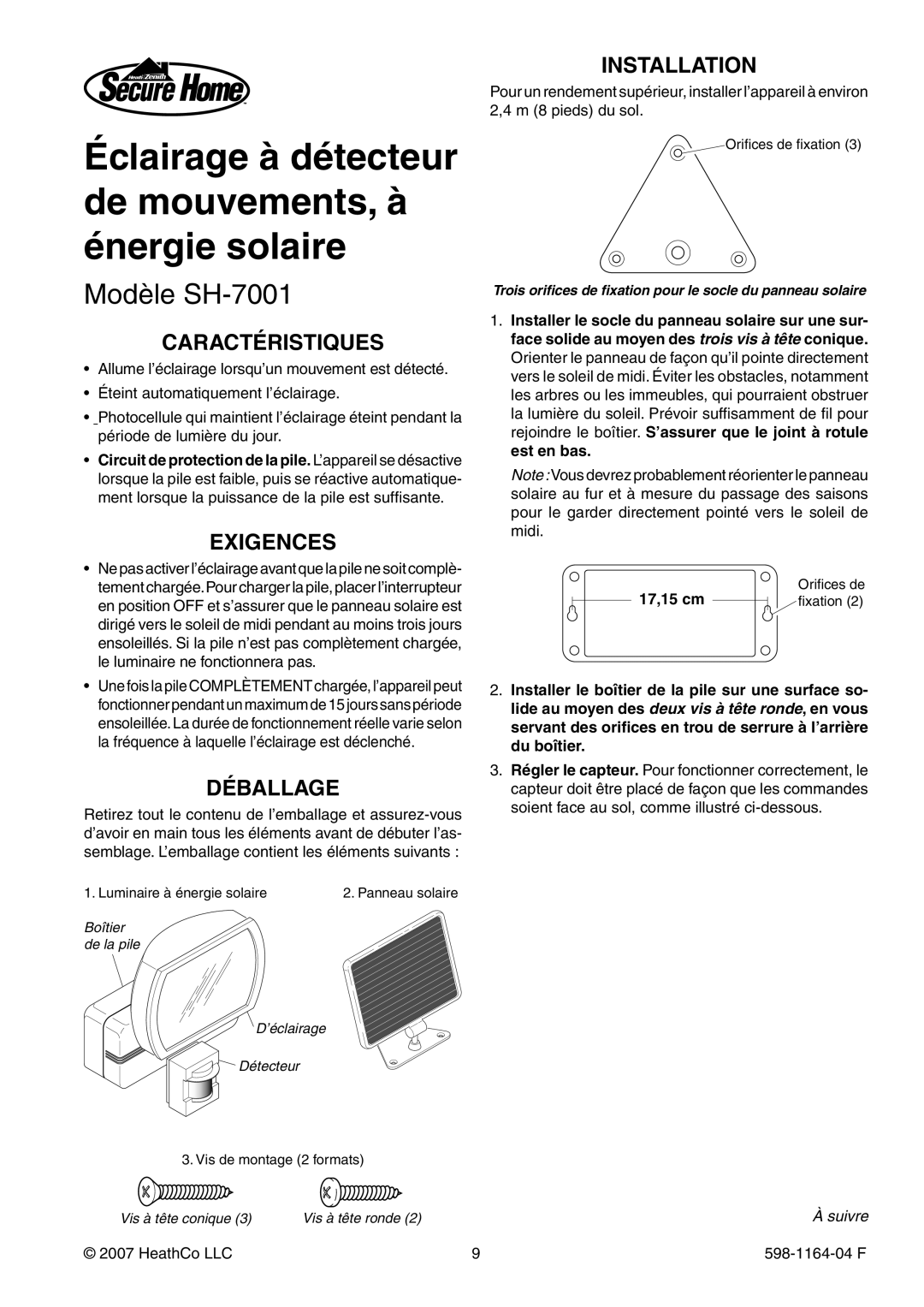 Heath Zenith manual Modèle SH-7001, Caractéristiques, Exigences, Déballage, HeathCo LLC 598-1164-04 F 