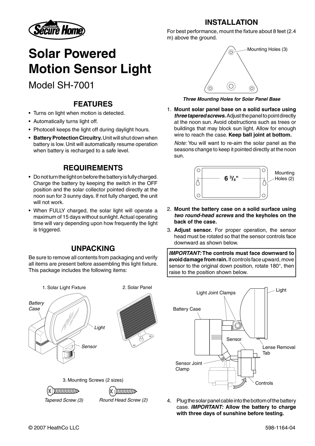 Heath Zenith manual Solar Powered Motion Sensor Light, Model SH-7001, Features, Requirements, Unpacking, Installation 