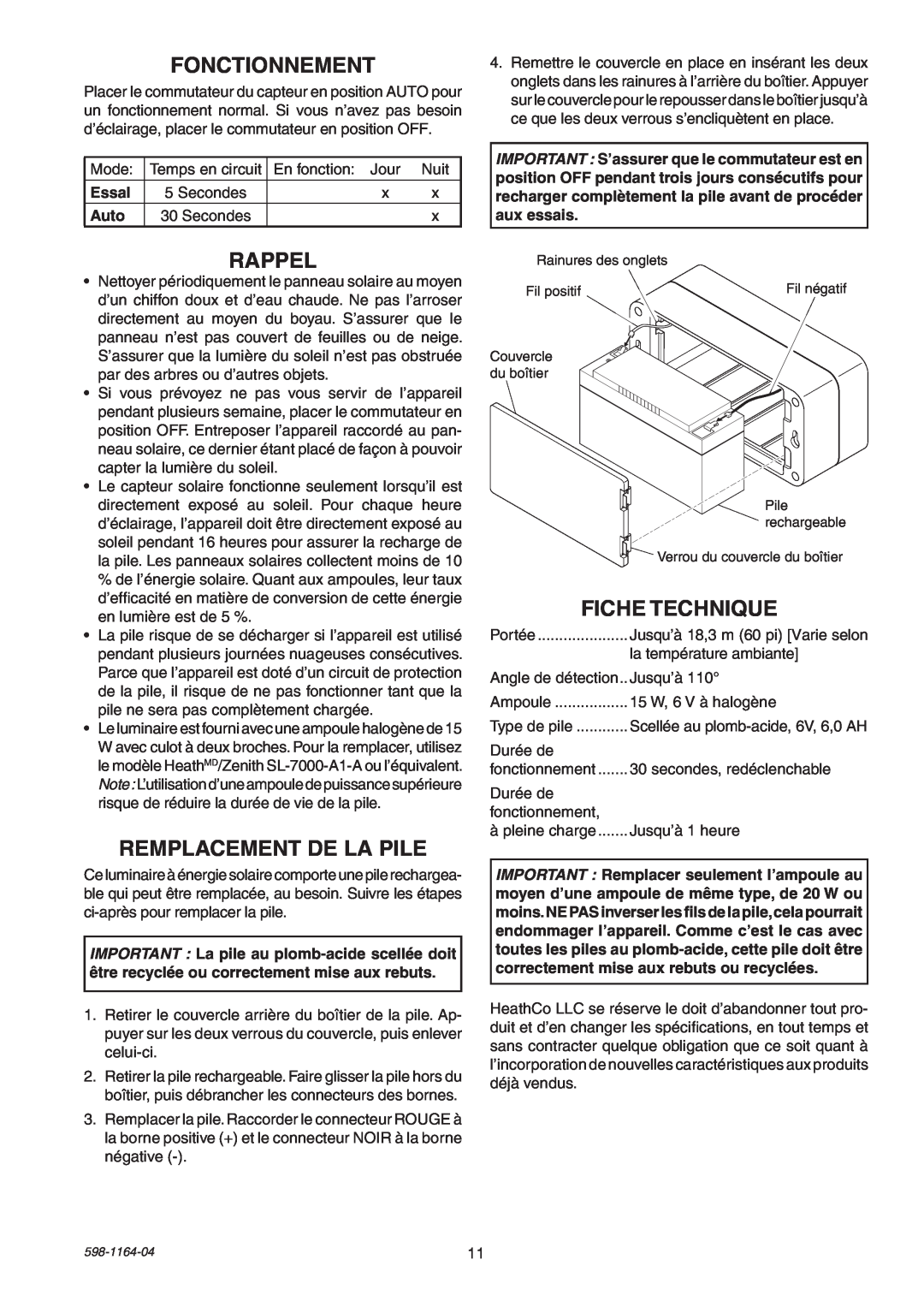 Heath Zenith SH-7001 manual Fonctionnement, Rappel, Remplacement De La Pile, Fiche Technique, Essal, Auto 