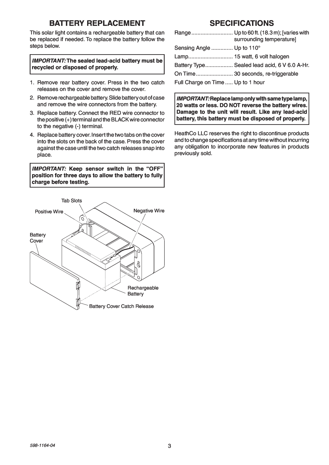 Heath Zenith SH-7001 manual Battery Replacement, Specifications 