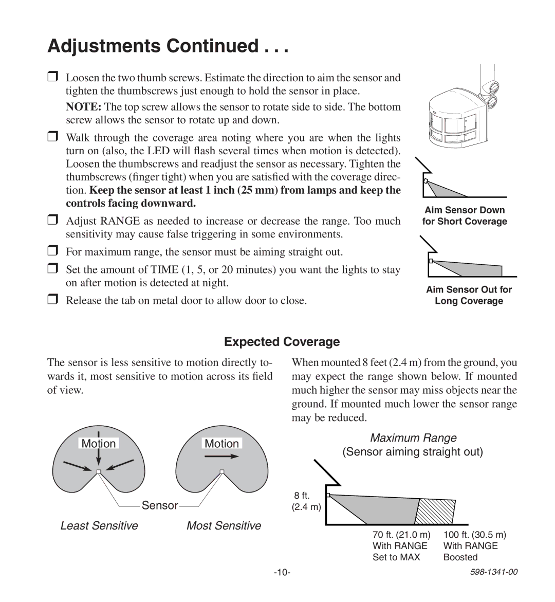 Heath Zenith SH-9250-BZ, SH-9250-WH manual Adjustments, Expected Coverage 