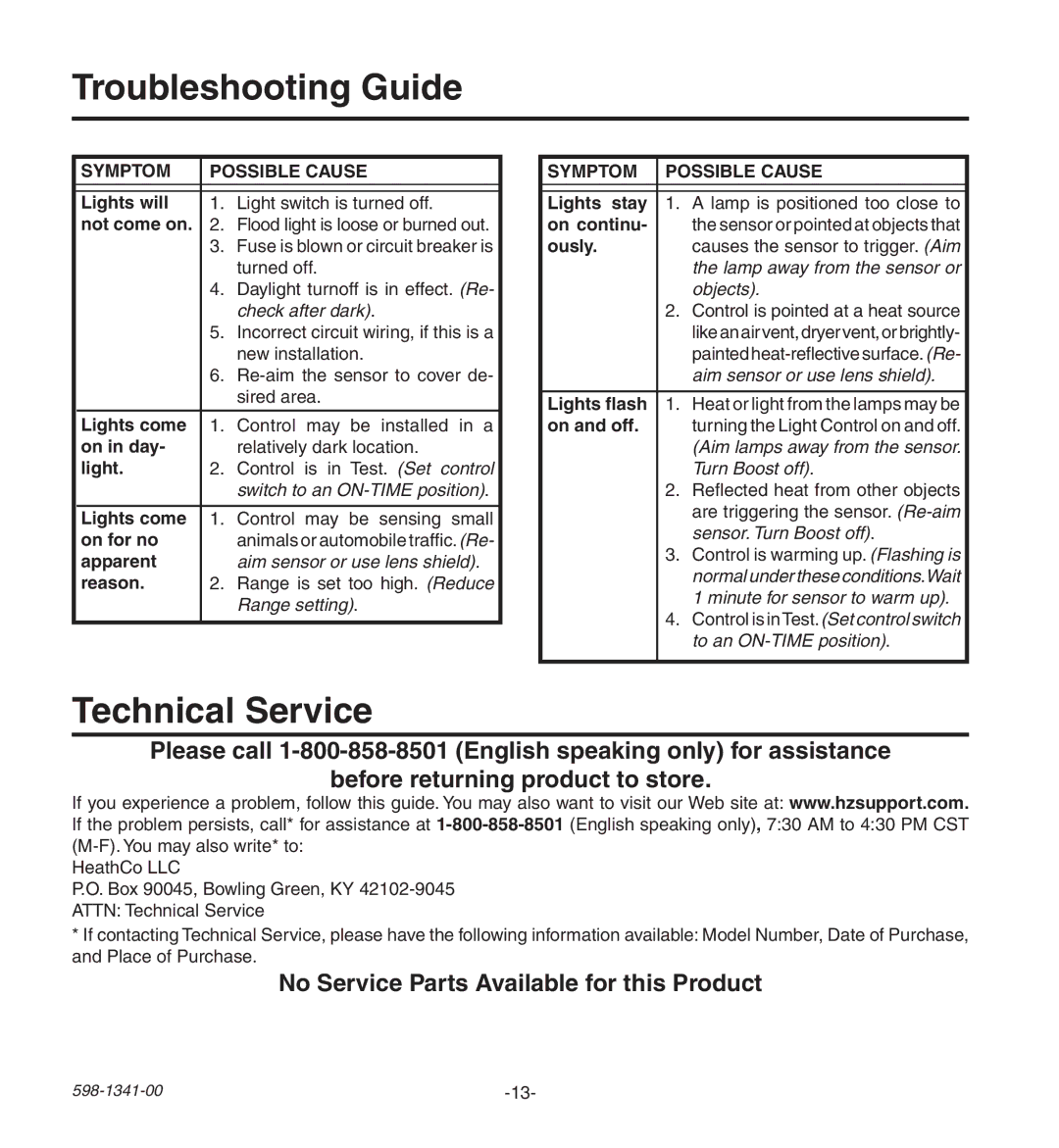 Heath Zenith SH-9250-WH, SH-9250-BZ Troubleshooting Guide, Technical Service, No Service Parts Available for this Product 