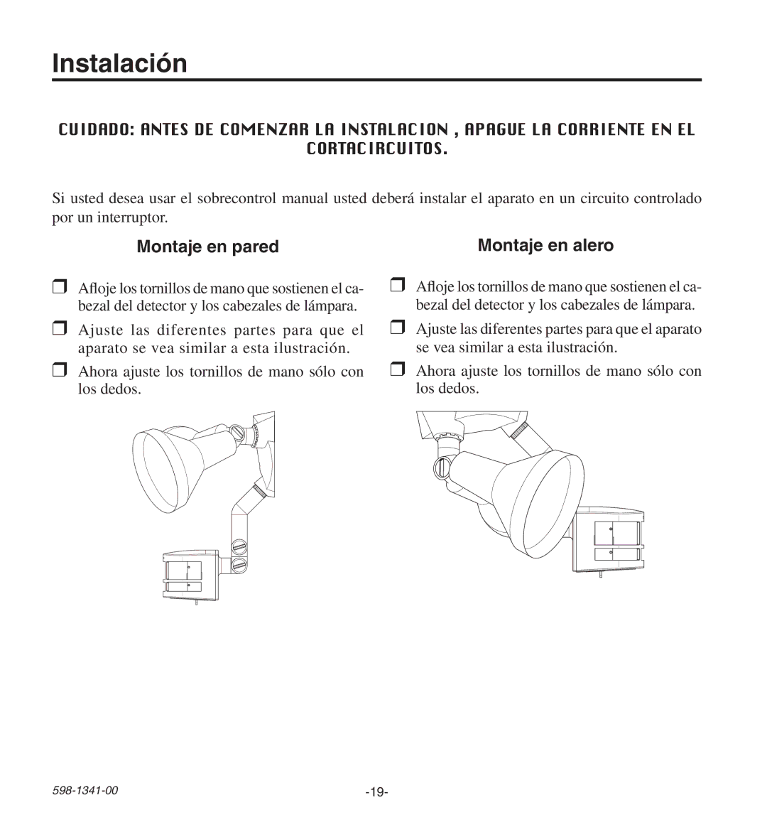 Heath Zenith SH-9250-WH, SH-9250-BZ manual Instalación, Montaje en pared Montaje en alero 