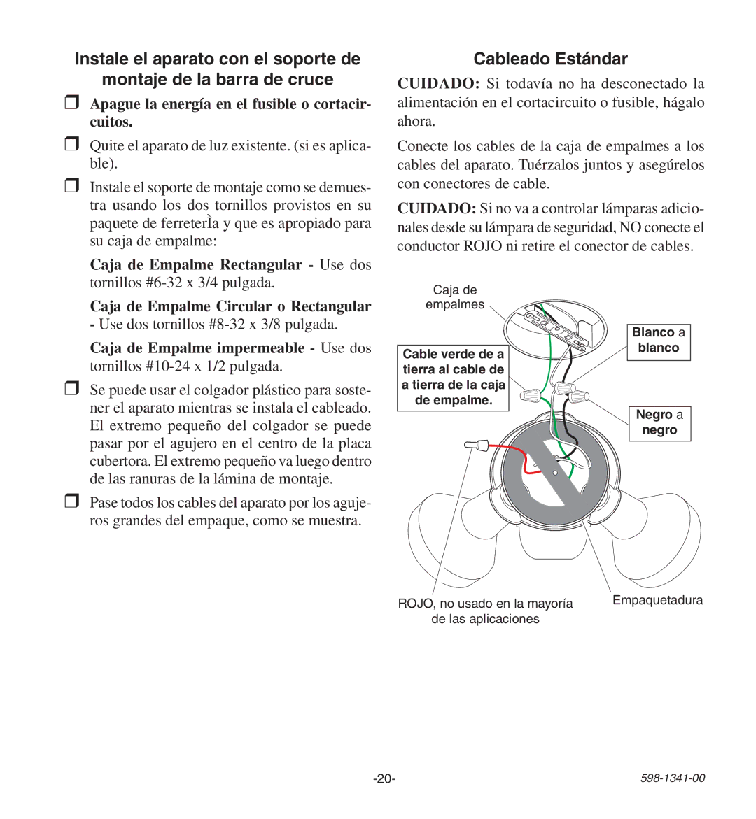 Heath Zenith SH-9250-BZ, SH-9250-WH manual Cableado Estándar, Apague la energía en el fusible o cortacir- cuitos 