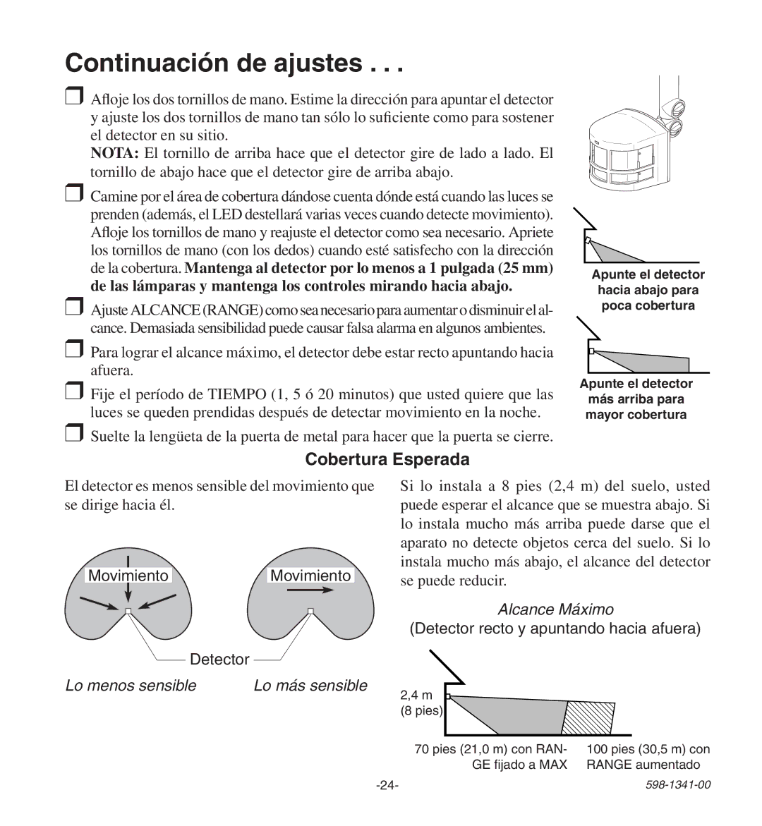 Heath Zenith SH-9250-BZ, SH-9250-WH manual Continuación de ajustes, Cobertura Esperada 