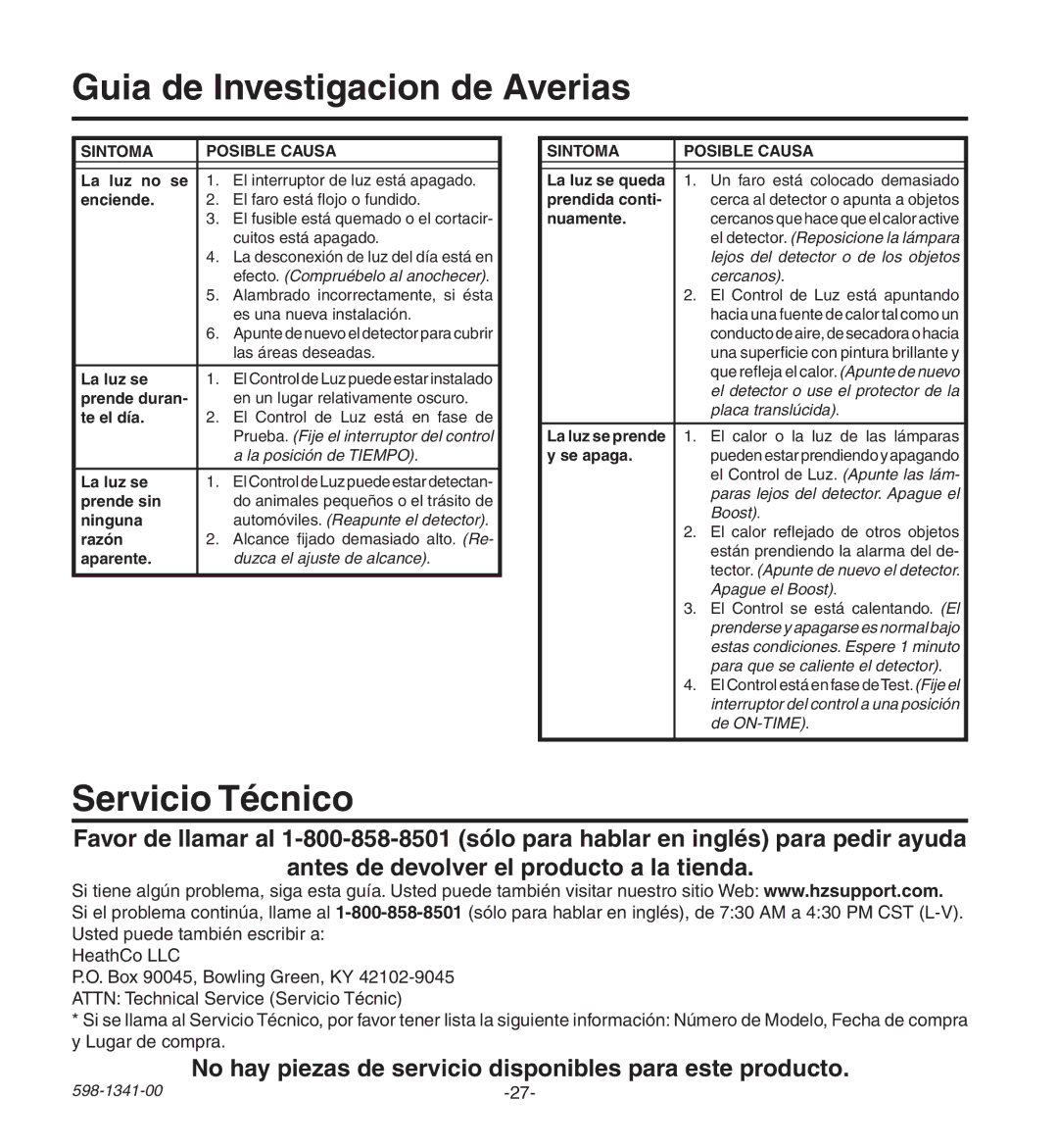 Heath Zenith SH-9250-WH, SH-9250-BZ manual Guia de Investigacion de Averias, Servicio Técnico 