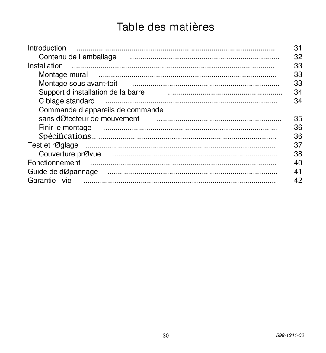 Heath Zenith SH-9250-BZ, SH-9250-WH manual Table des matières 