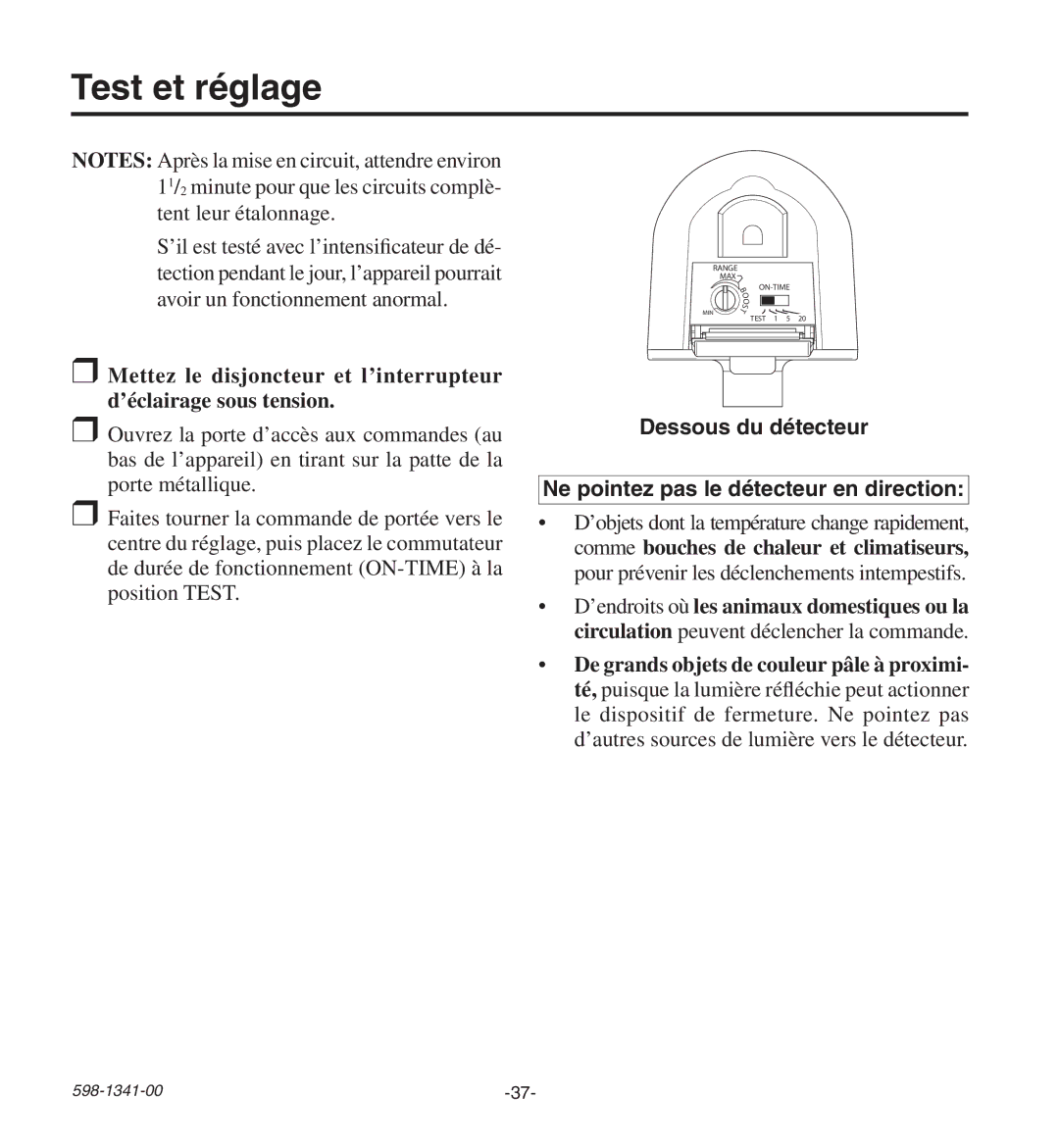 Heath Zenith SH-9250-WH, SH-9250-BZ manual Test et réglage 