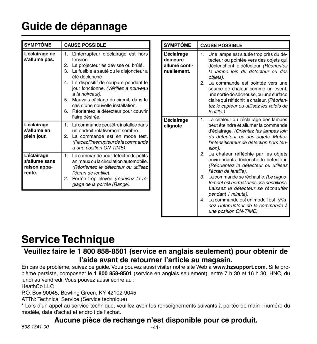 Heath Zenith SH-9250-WH Guide de dépannage, Service Technique, Aucune pièce de rechange n’est disponible pour ce produit 