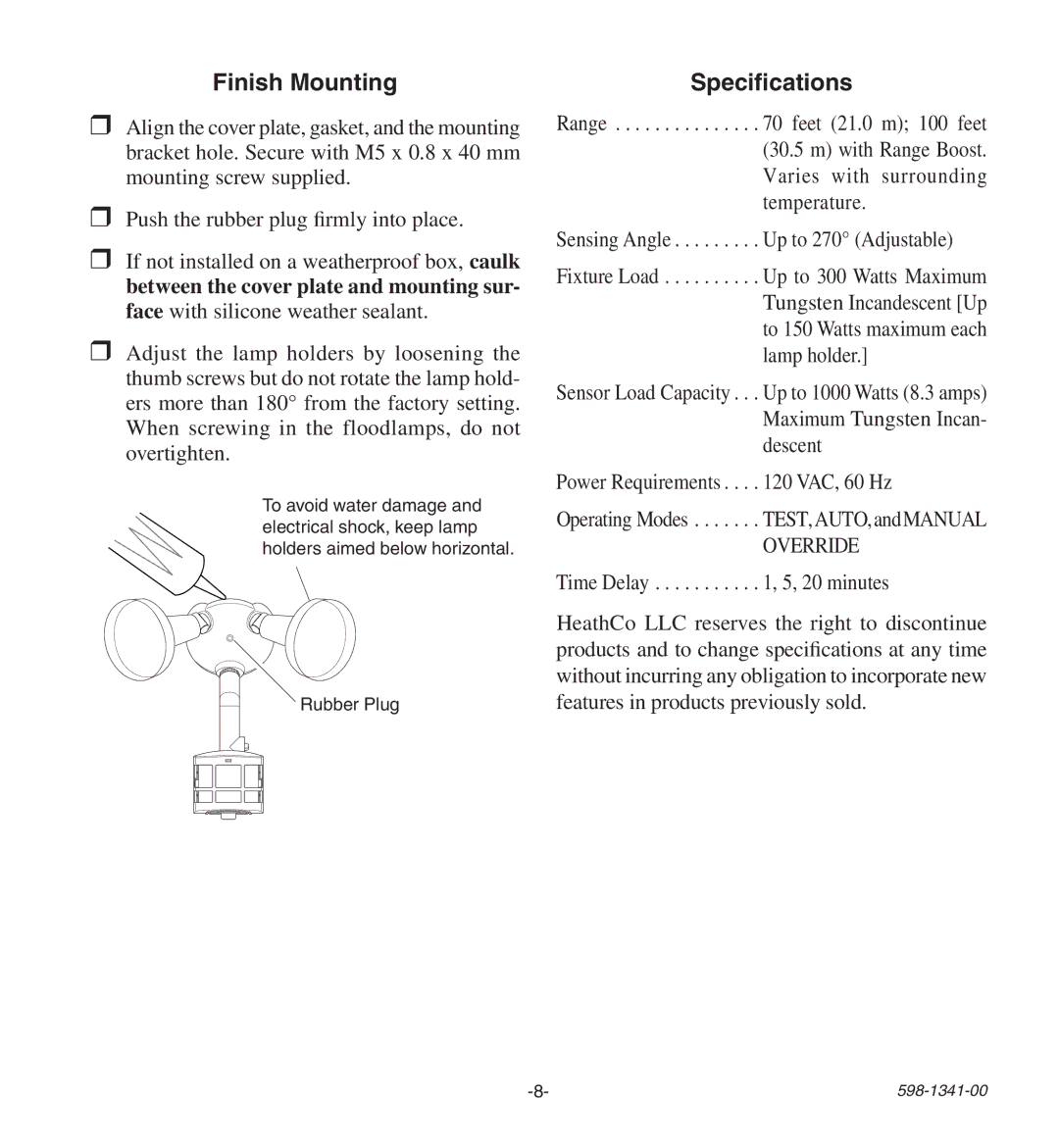 Heath Zenith SH-9250-BZ, SH-9250-WH manual Finish Mounting, Specifications 