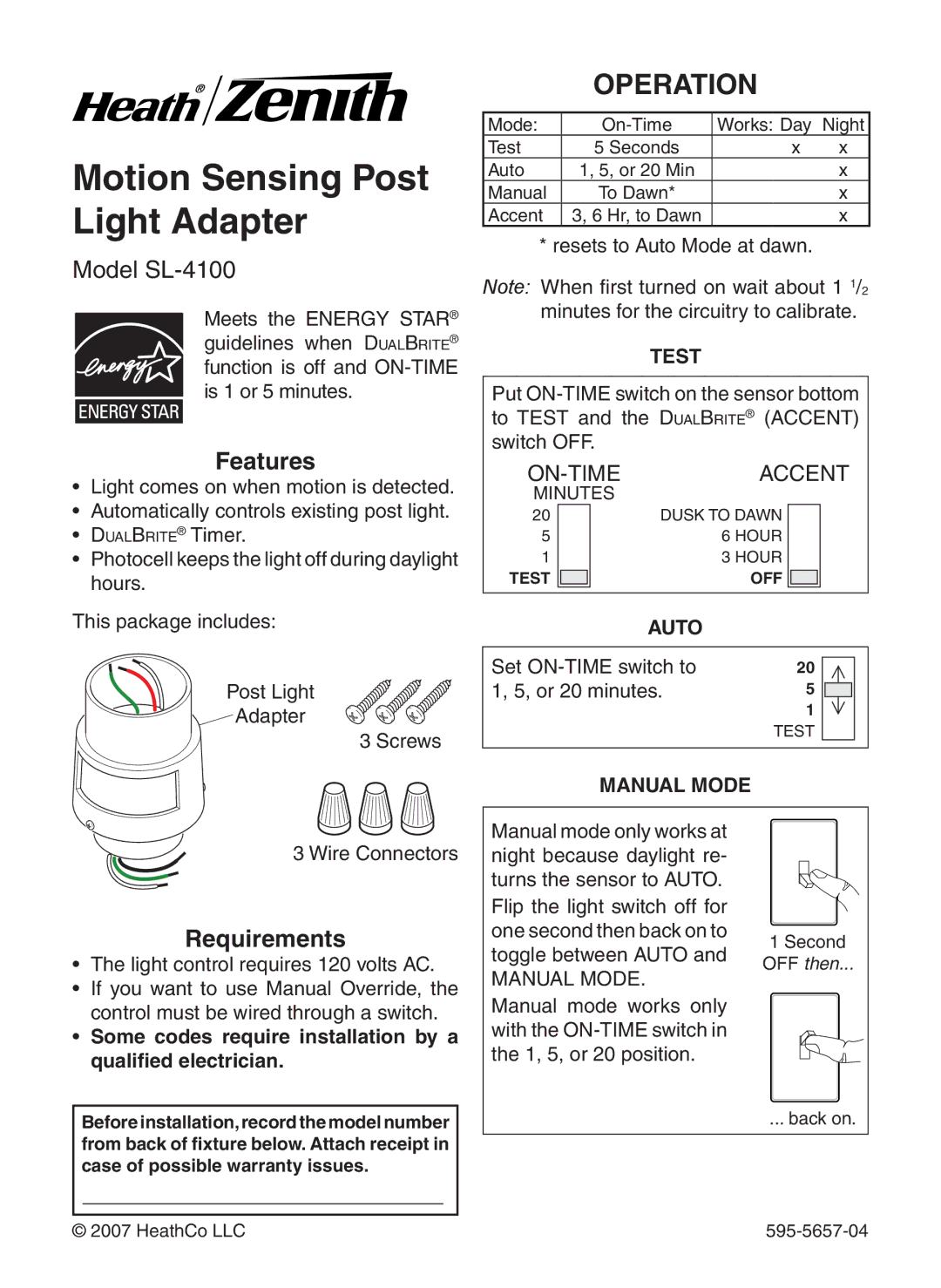 Heath Zenith SL-4100 warranty Operation, Features, Requirements 