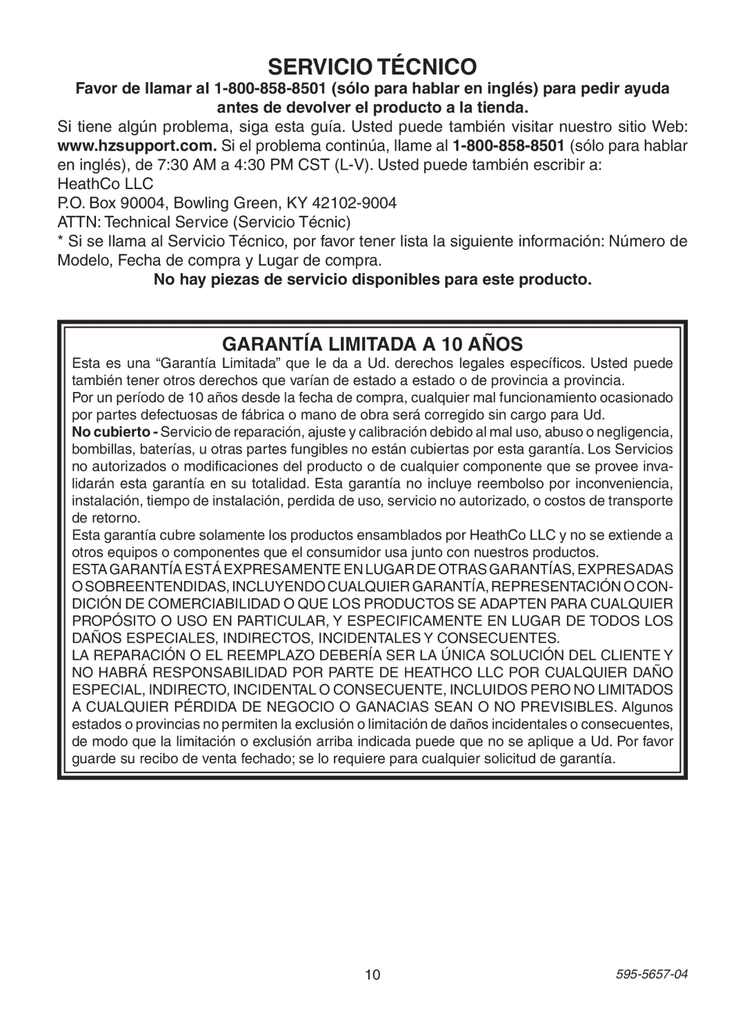 Heath Zenith SL-4100 warranty Servicio Técnico, No hay piezas de servicio disponibles para este producto 