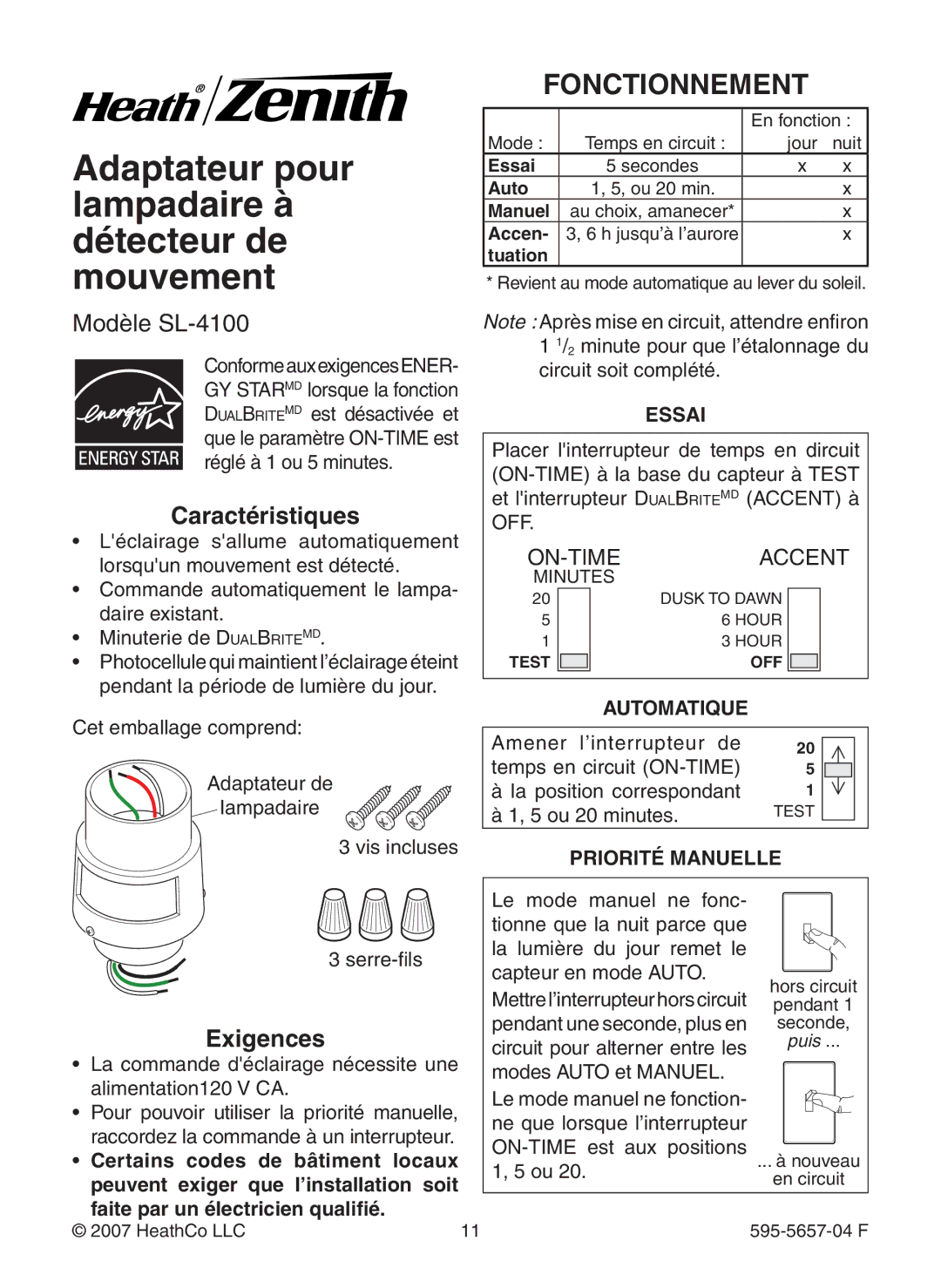 Heath Zenith SL-4100 warranty Fonctionnement, Caractéristiques, Exigences 