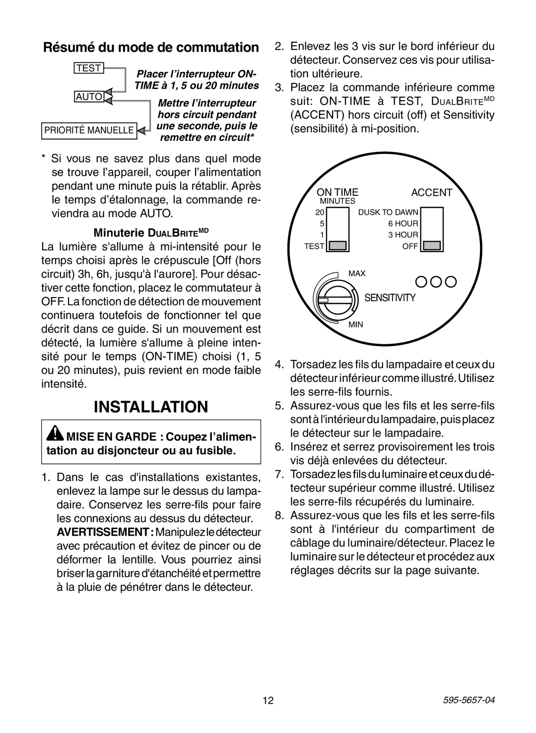 Heath Zenith SL-4100 warranty Résumé du mode de commutation, Minuterie DualBriteMD 