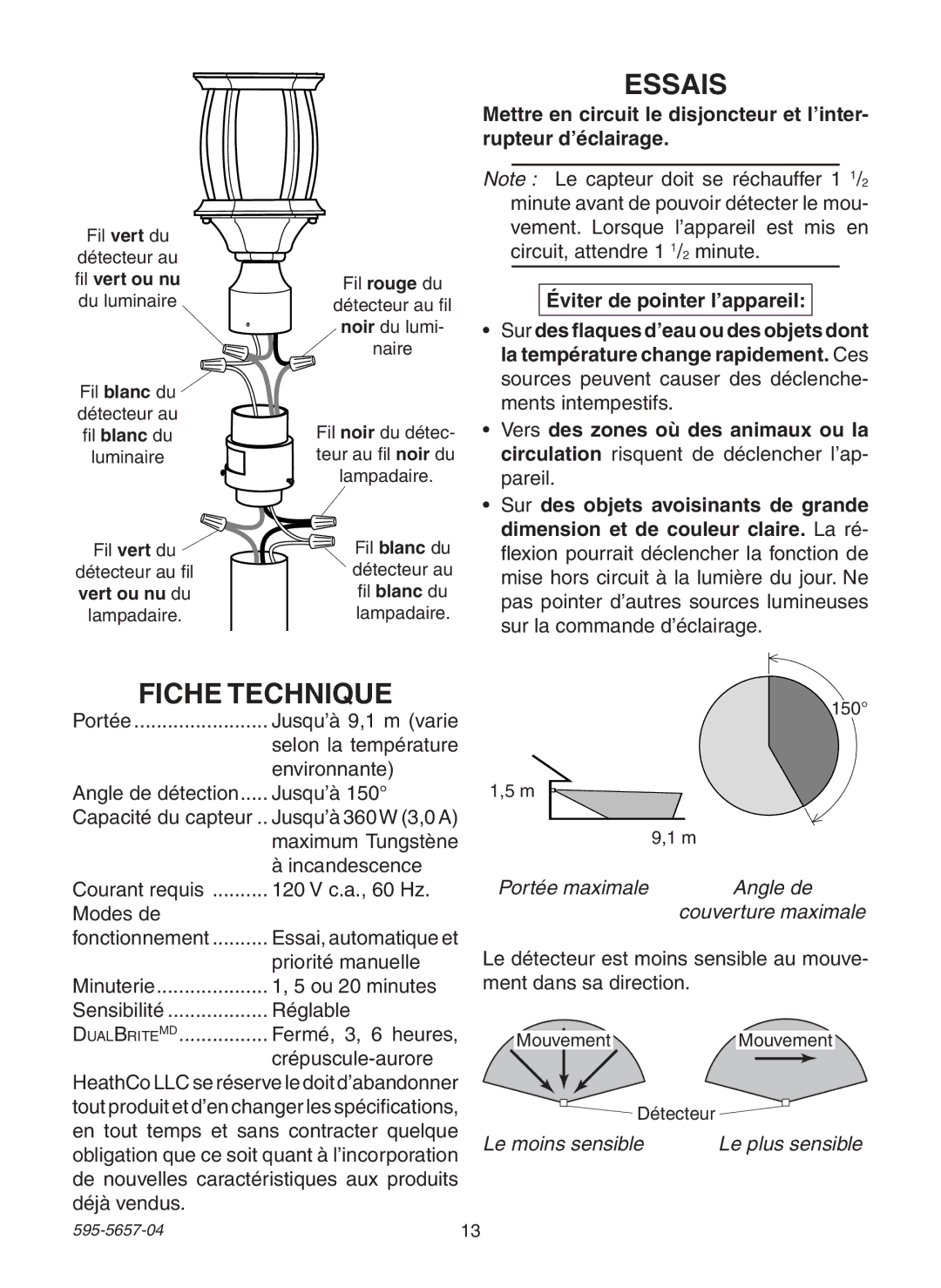 Heath Zenith SL-4100 warranty Essais, Fiche Technique 