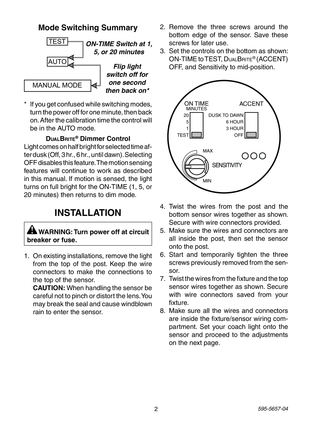 Heath Zenith SL-4100 warranty Installation, Mode Switching Summary, DualBrite Dimmer Control 