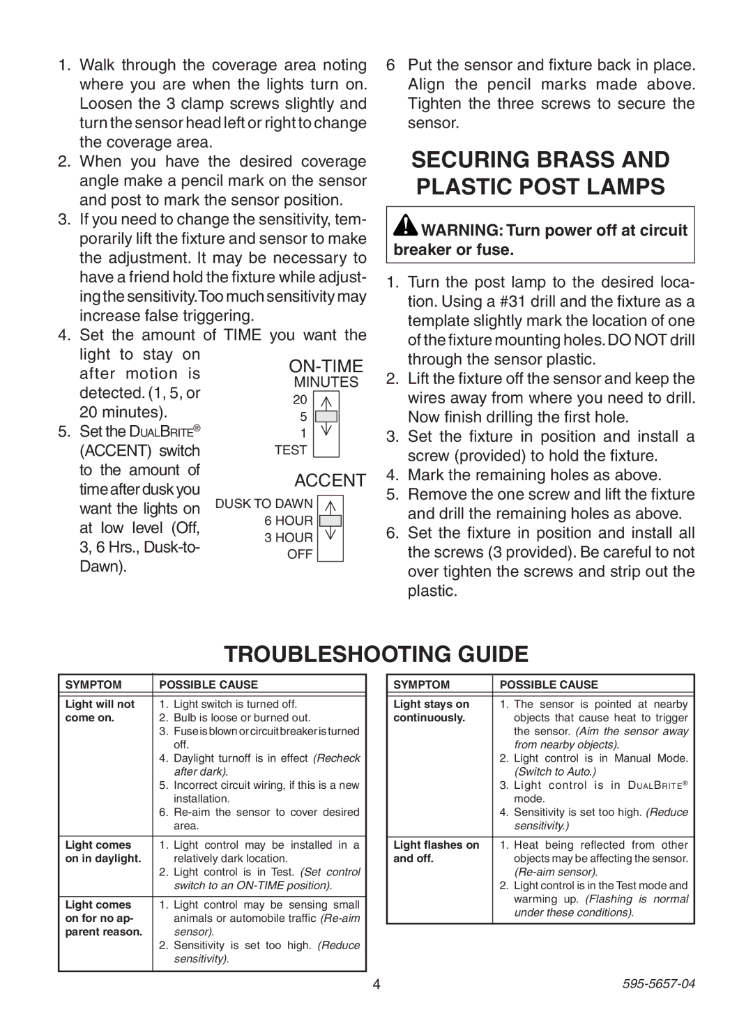 Heath Zenith SL-4100 warranty Securing Brass and Plastic Post Lamps, Troubleshooting Guide 