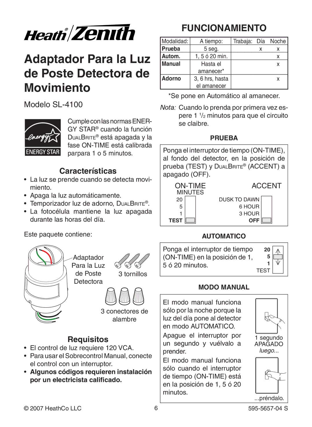 Heath Zenith SL-4100 warranty Funcionamiento, Características, Requisitos 