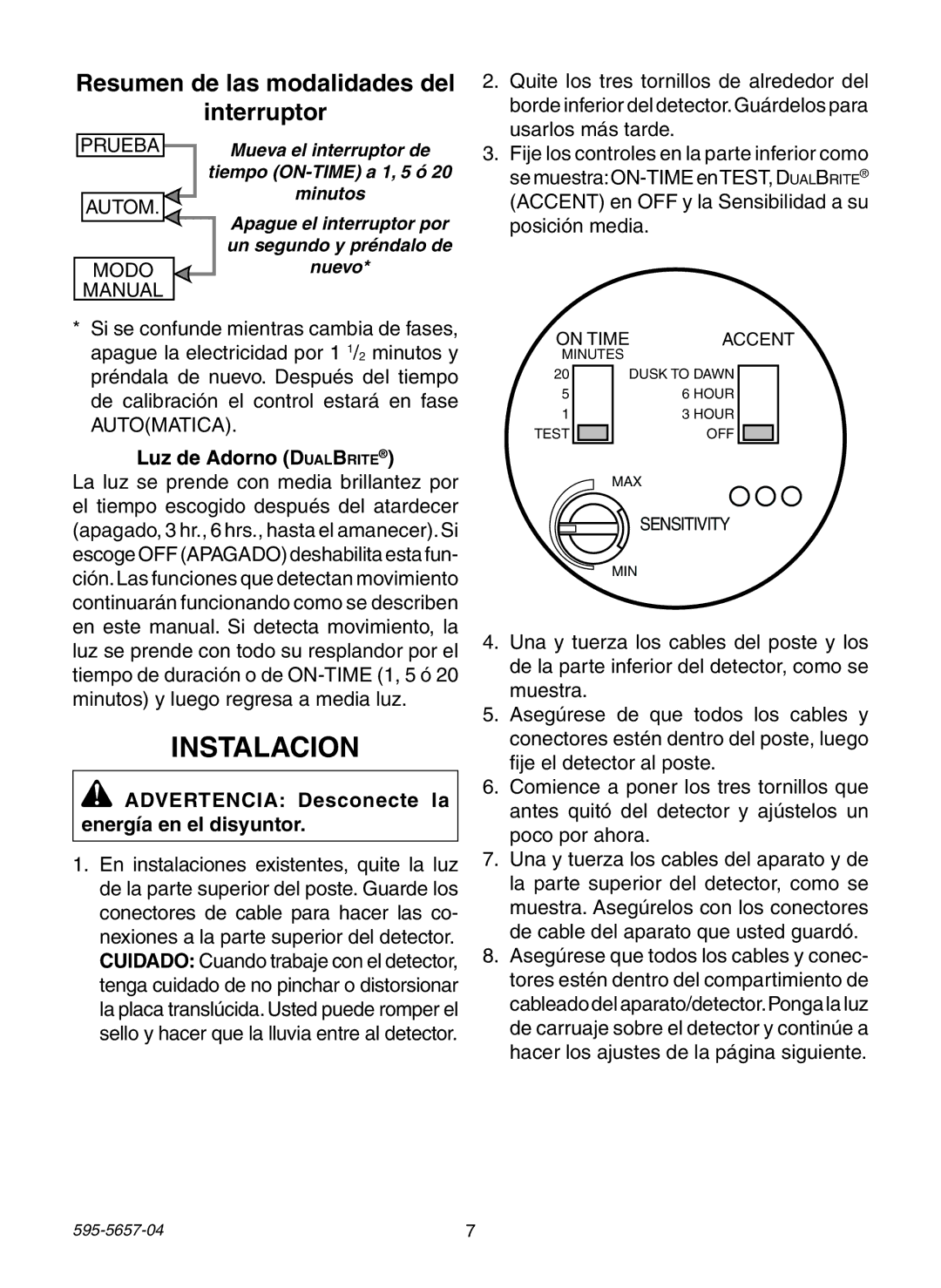 Heath Zenith SL-4100 warranty Instalacion, Resumen de las modalidades del Interruptor, Luz de Adorno DualBrite 