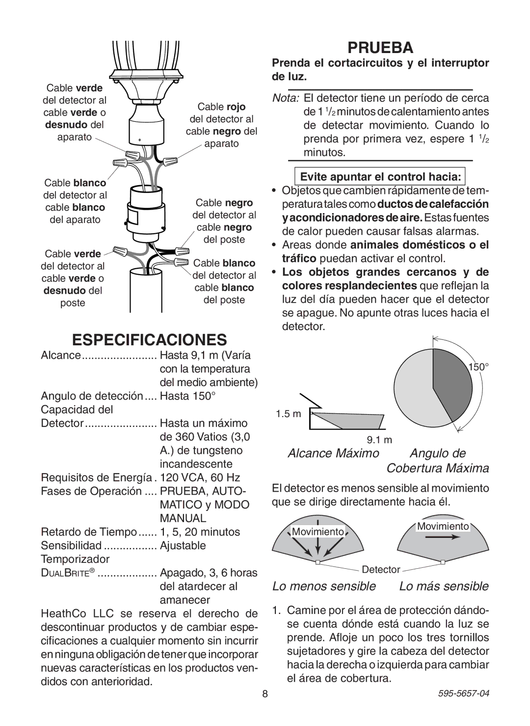 Heath Zenith SL-4100 warranty Prueba, Especificaciones 