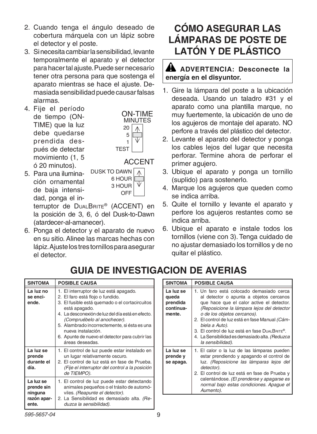 Heath Zenith SL-4100 warranty Cómo Asegurar las Lámparas de Poste de Latón y de Plástico, Guia DE Investigacion DE Averias 