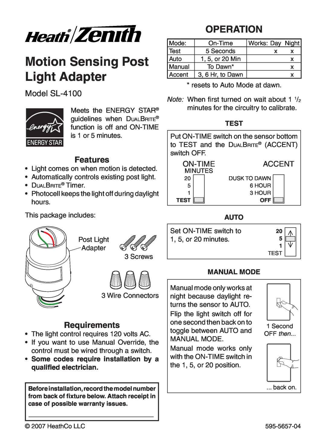 Heath Zenith warranty Motion Sensing Post Light Adapter, Operation, Model SL-4100, Features, Requirements, On-Time 