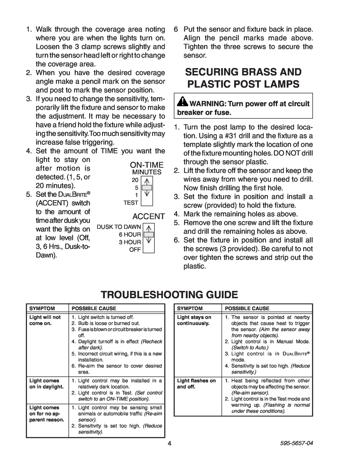 Heath Zenith SL-4100 warranty Securing Brass and Plastic Post Lamps, Troubleshooting Guide 