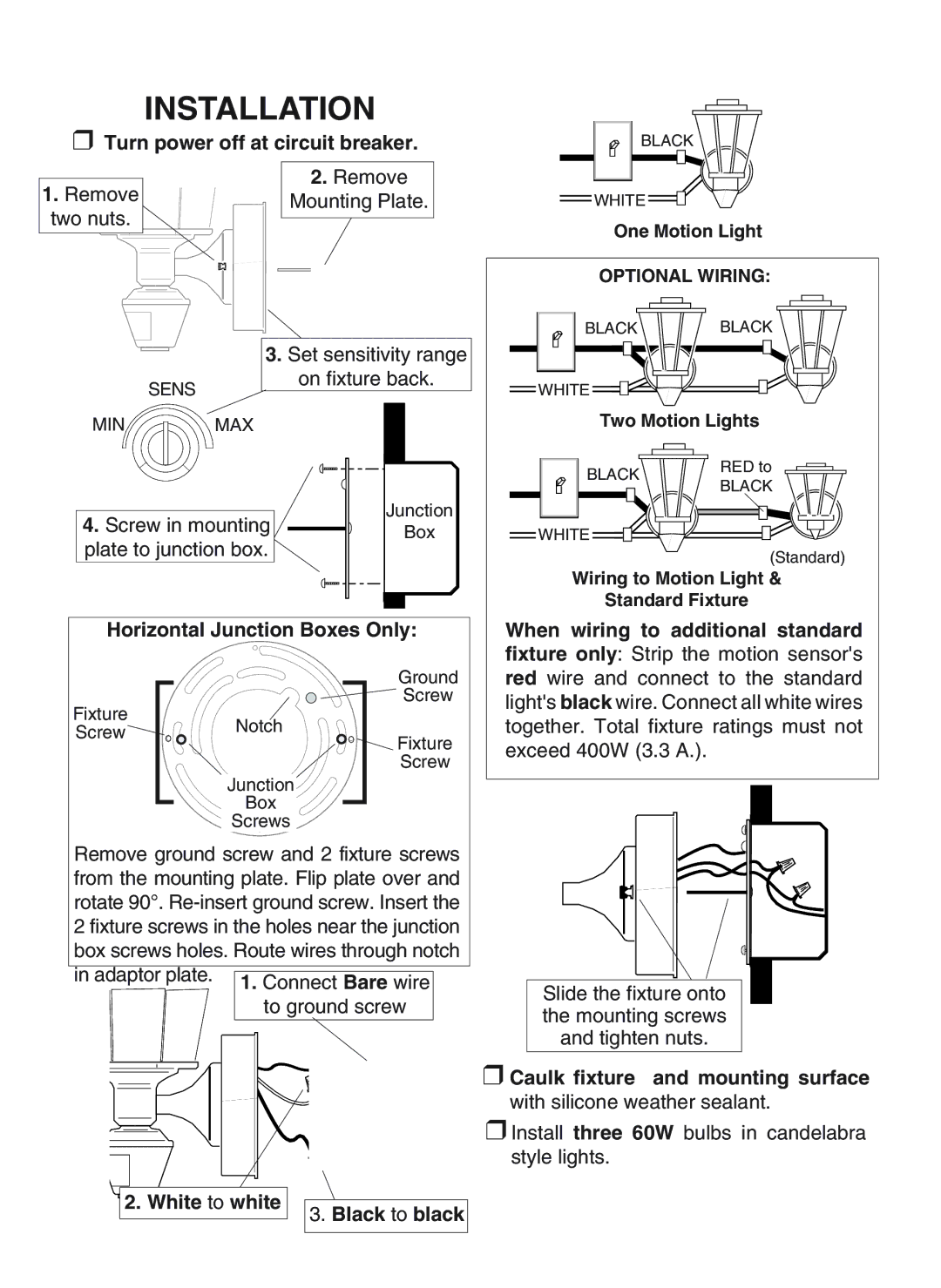 Heath Zenith SL-4180/84 - A manual Turn power off at circuit breaker, Horizontal Junction Boxes Only 