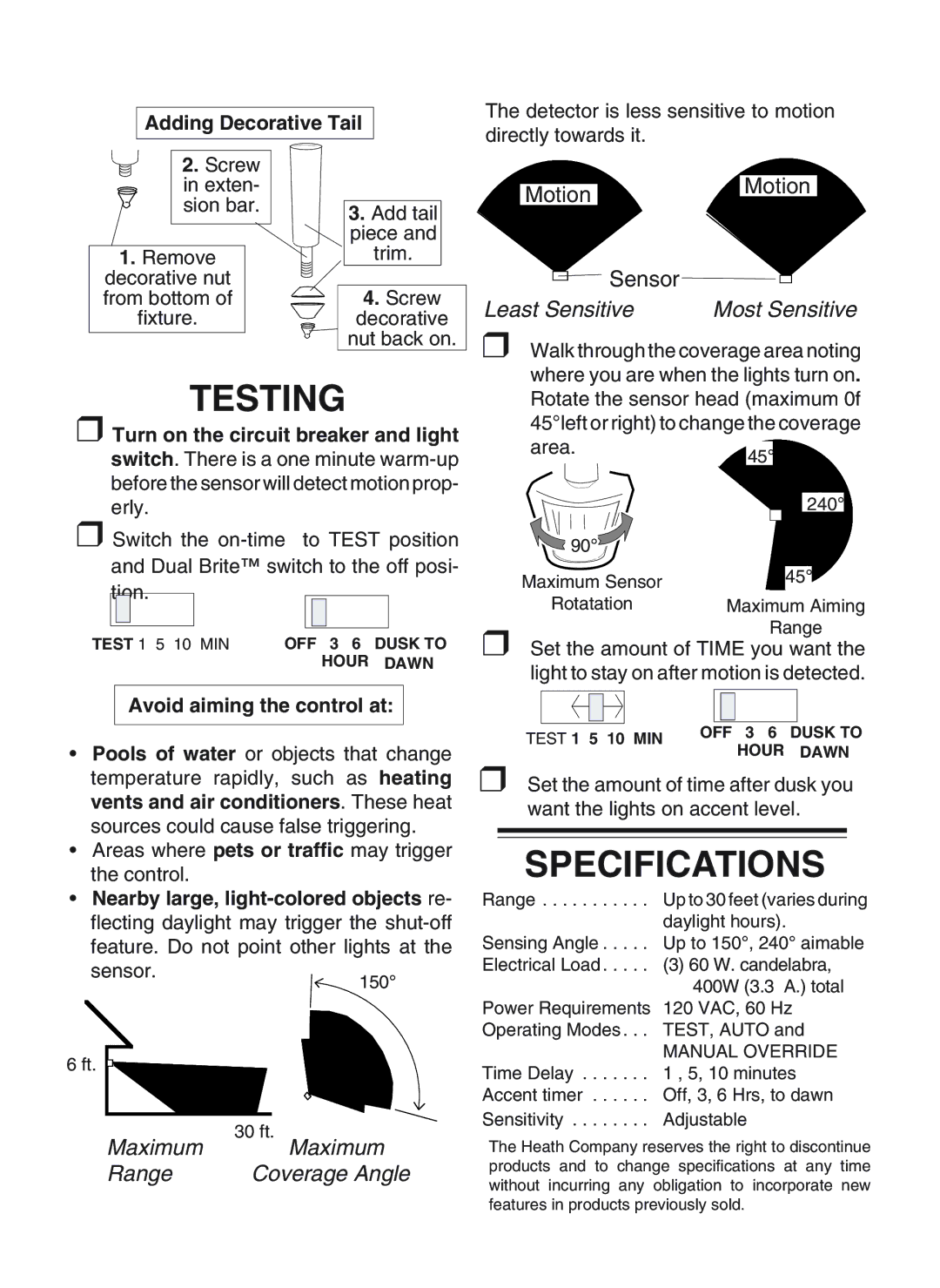 Heath Zenith SL-4180/84 - A manual Testing, Specifications, Adding Decorative Tail, Avoid aiming the control at 