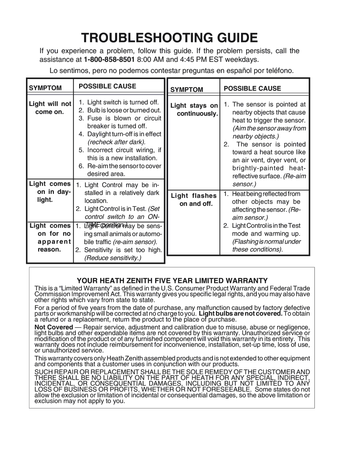 Heath Zenith SL-4180/84 - A manual Troubleshooting Guide, Symptom Possible Cause 