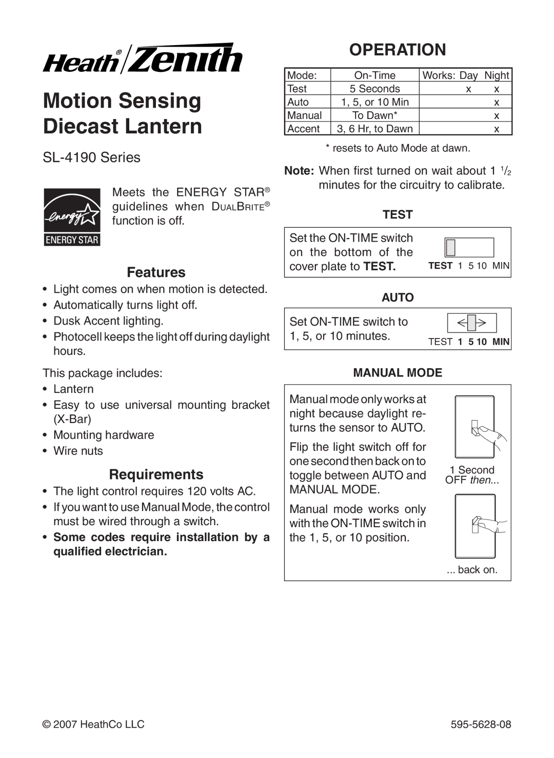 Heath Zenith SL-4190 Series manual Operation, Features, Requirements 