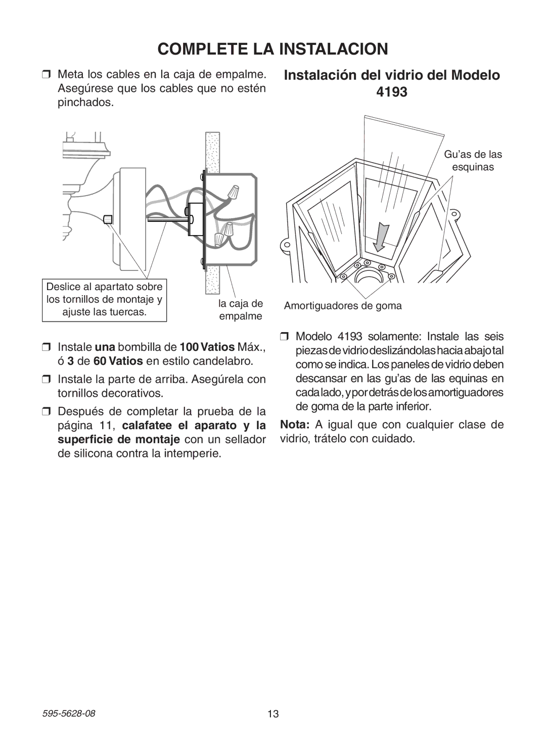 Heath Zenith SL-4190 Series manual Complete LA Instalacion, Instalación del vidrio del Modelo 4193 