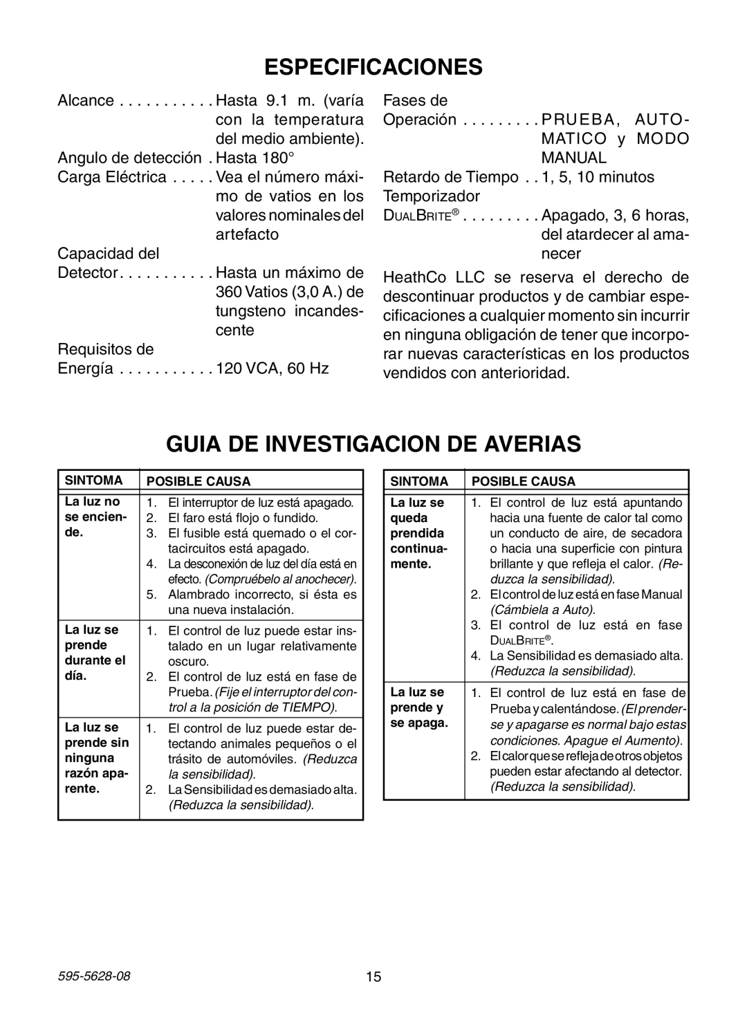 Heath Zenith SL-4190 Series manual Especificaciones, Guia DE Investigacion DE Averias 