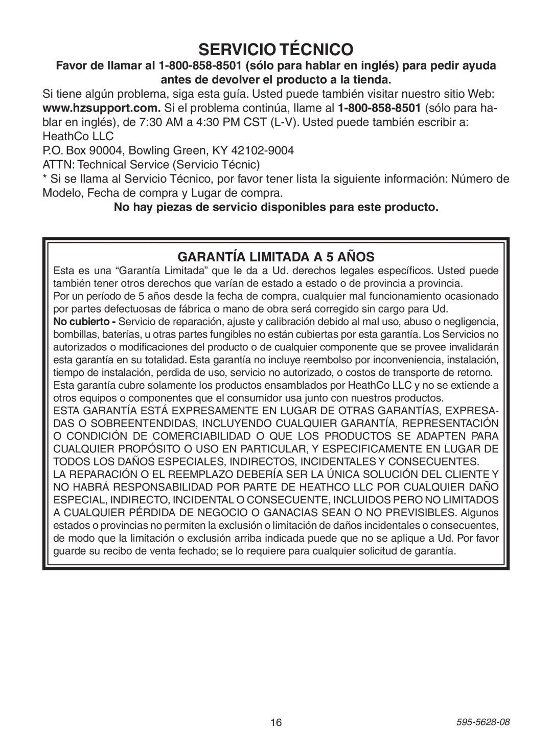 Heath Zenith SL-4190 Series manual Servicio Técnico, No hay piezas de servicio disponibles para este producto 