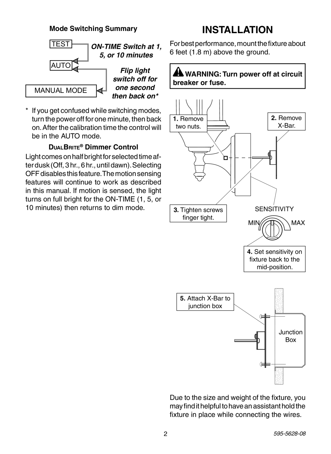 Heath Zenith SL-4190 Series manual Installation, Mode Switching Summary, DualBrite Dimmer Control 