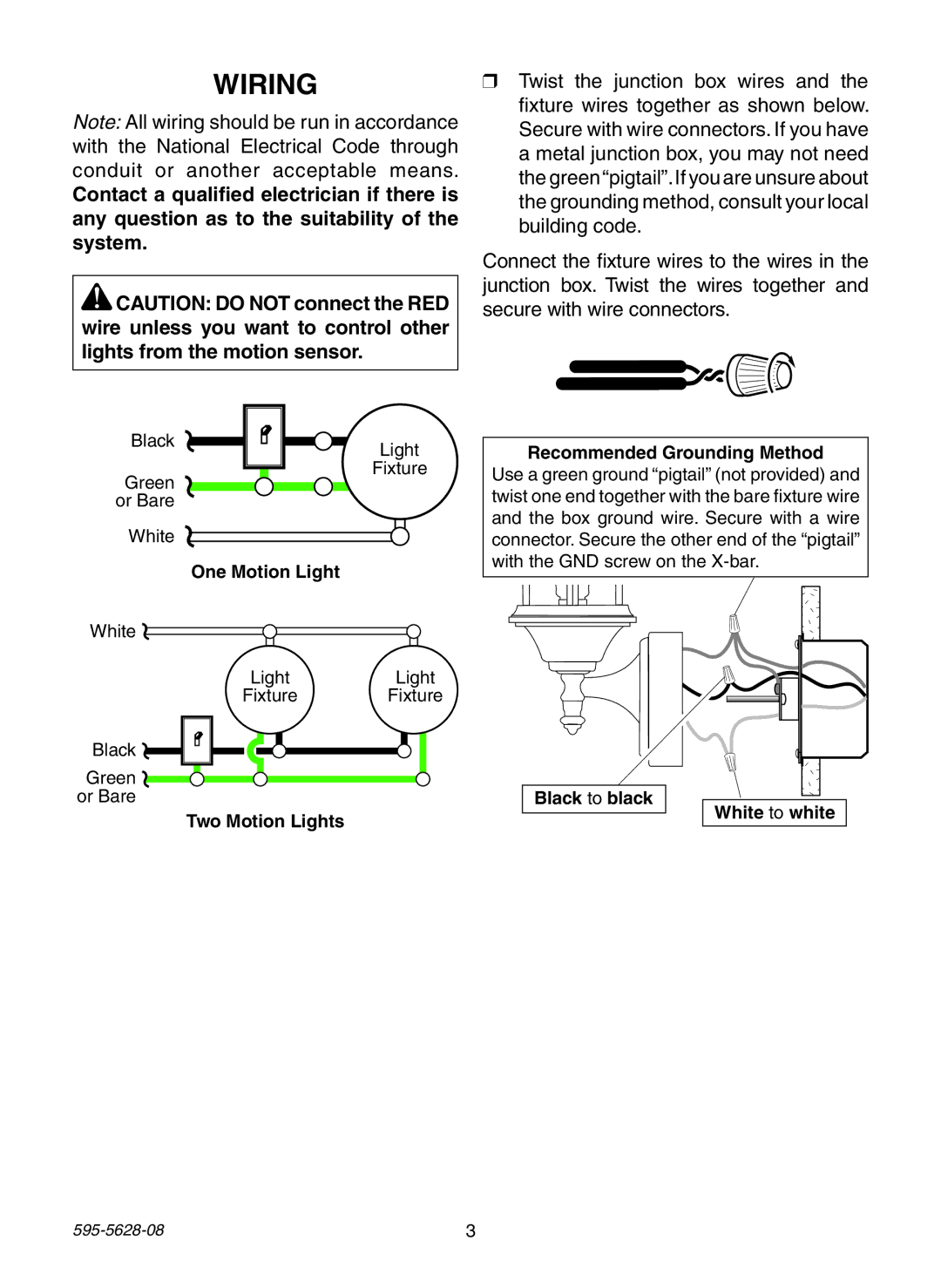 Heath Zenith SL-4190 Series manual Wiring, Two Motion Lights Recommended Grounding Method 