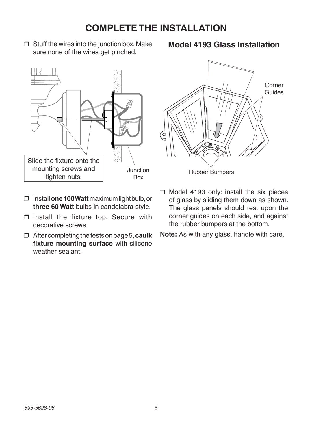 Heath Zenith SL-4190 Series manual Complete the Installation, Model 4193 Glass Installation 