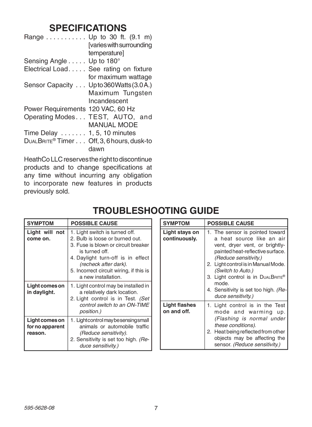 Heath Zenith SL-4190 Series manual Specifications, Troubleshooting Guide 