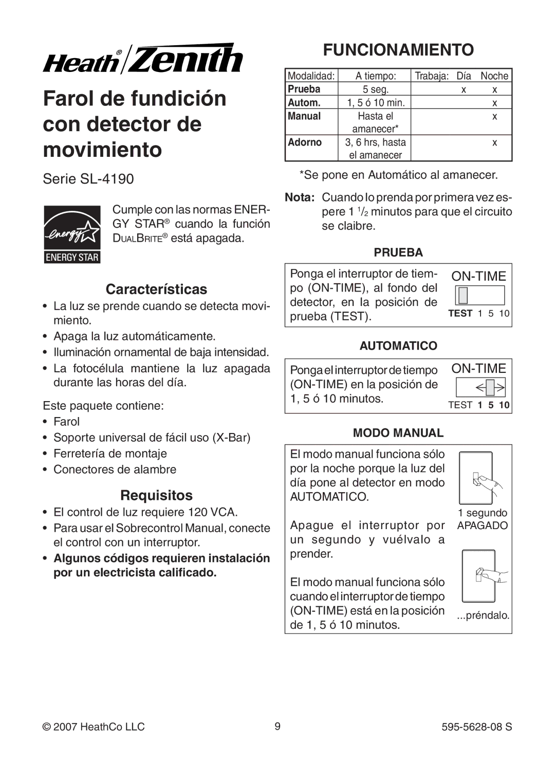 Heath Zenith SL-4190 Series manual Funcionamiento, Características, Requisitos 