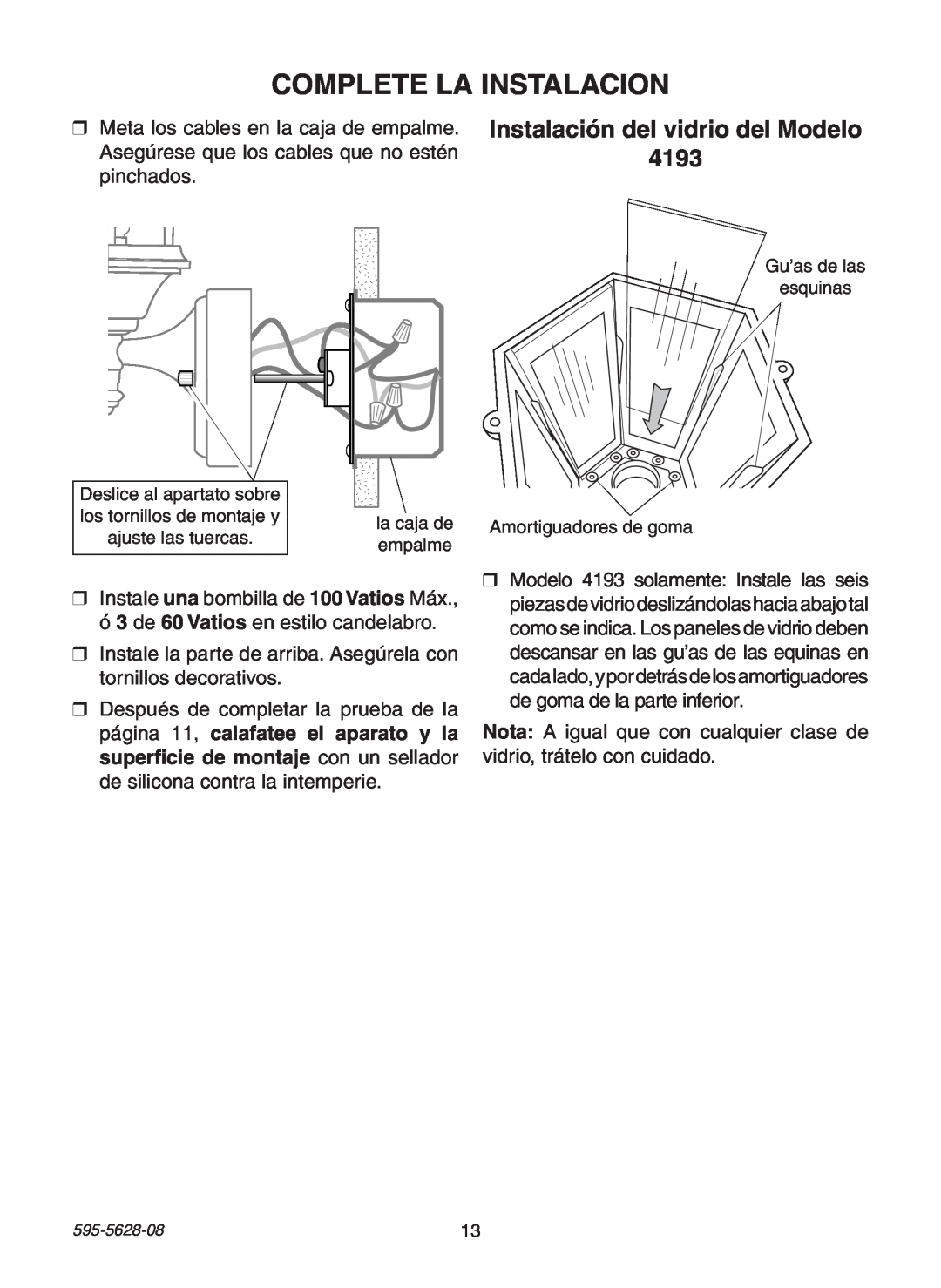 Heath Zenith SL-4190 Series manual Complete La Instalacion, Instalación del vidrio del Modelo 