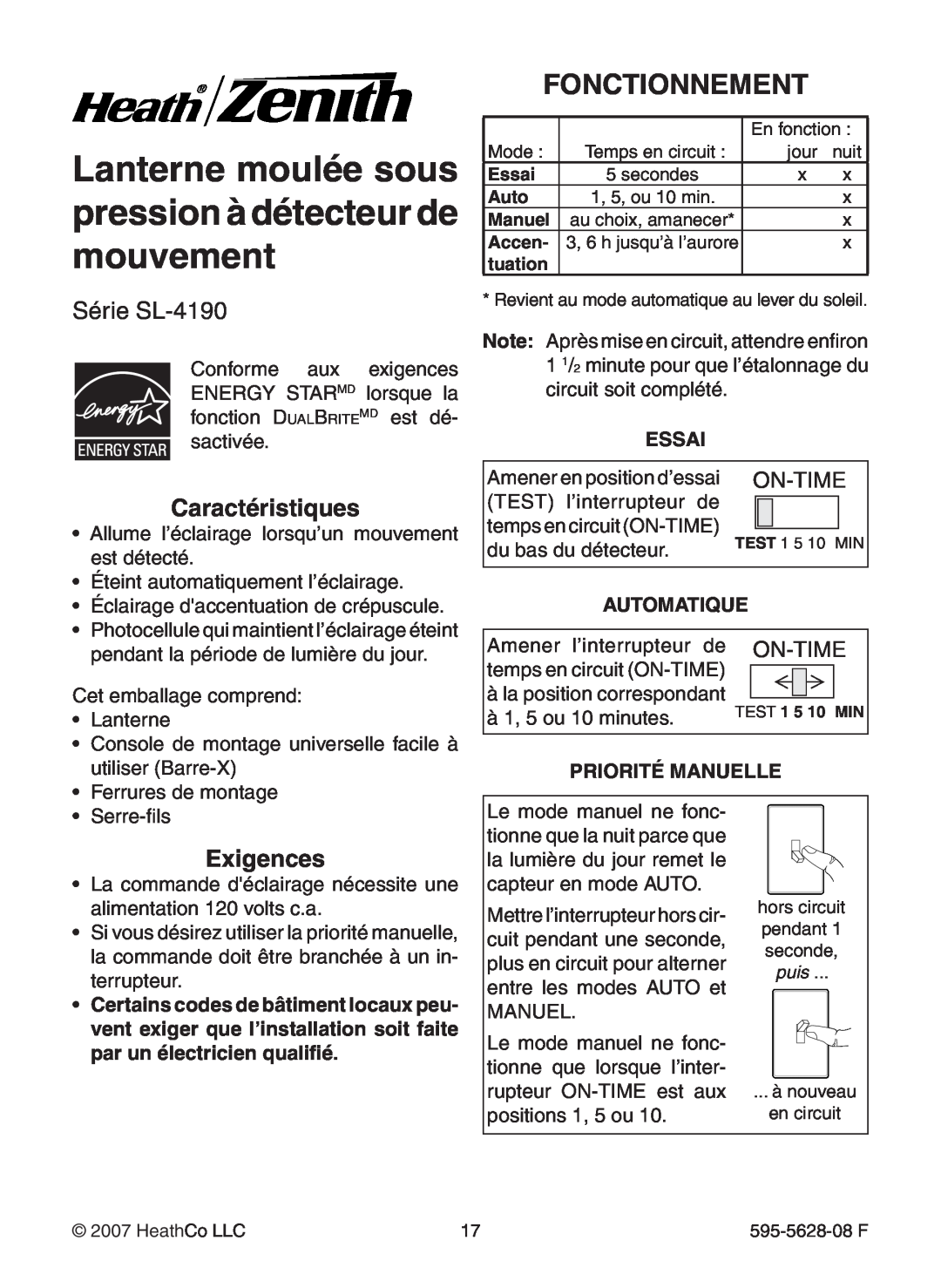 Heath Zenith SL-4190 Series manual Fonctionnement, Série SL-4190, Caractéristiques, Exigences, Essai, Automatique, On-Time 