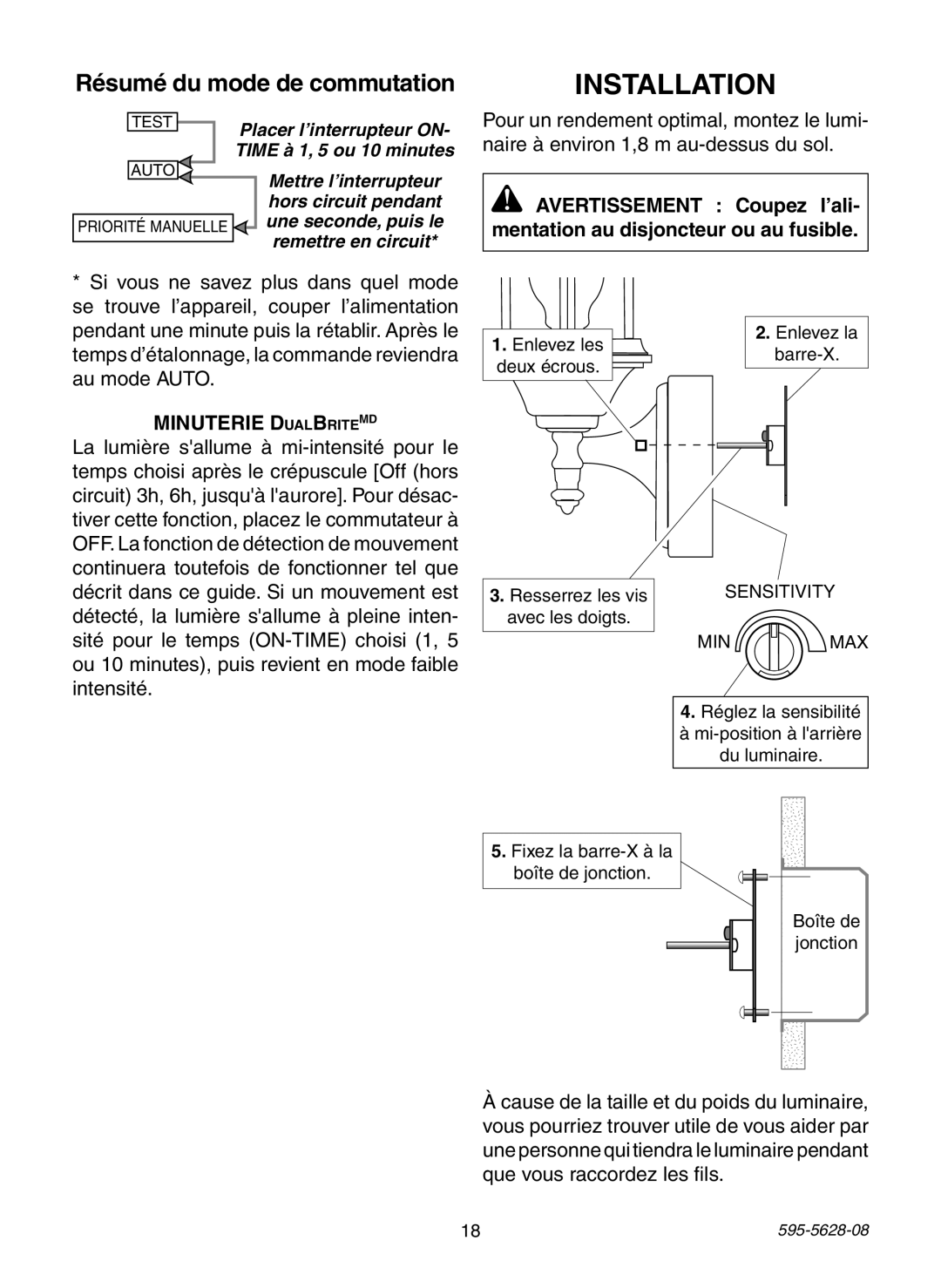 Heath Zenith SL-4190 Series manual Résumé du mode de commutation, Minuterie DualBriteMD, Installation 