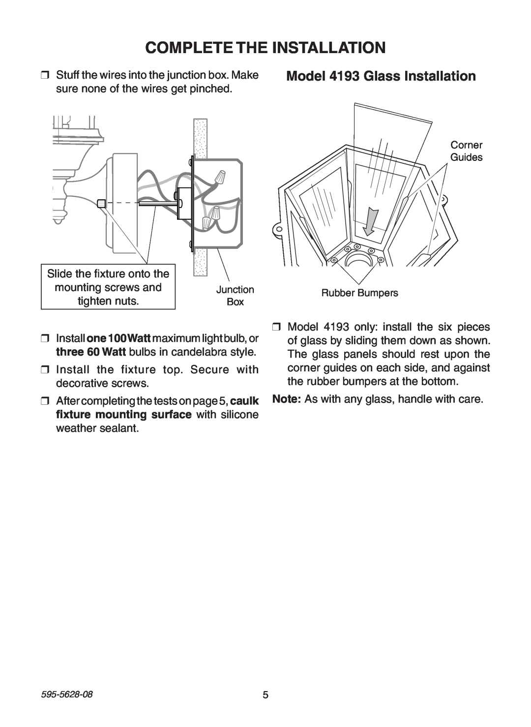Heath Zenith SL-4190 Series manual Complete The Installation, Model 4193 Glass Installation 
