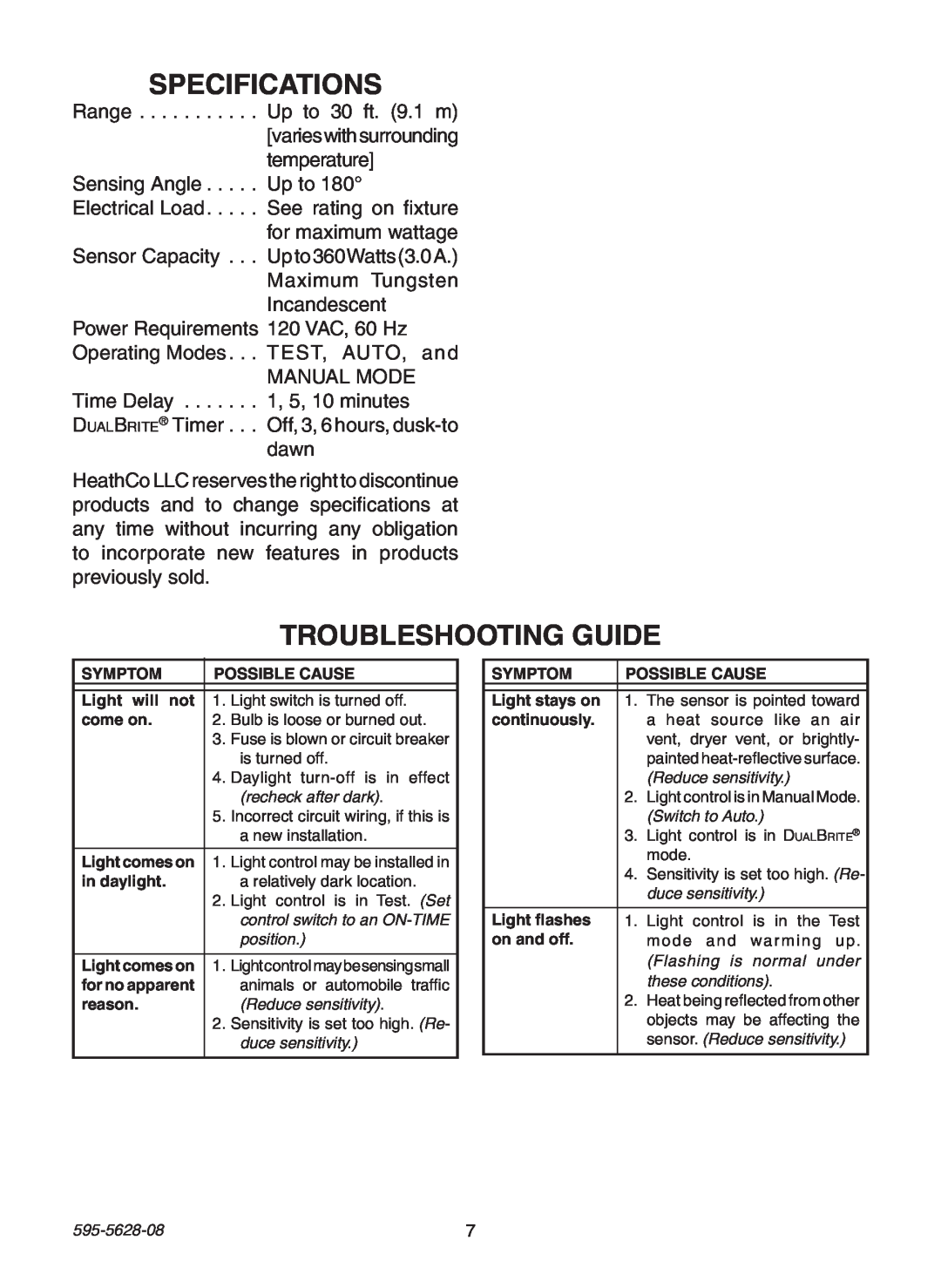 Heath Zenith SL-4190 Series manual Specifications, Troubleshooting Guide 