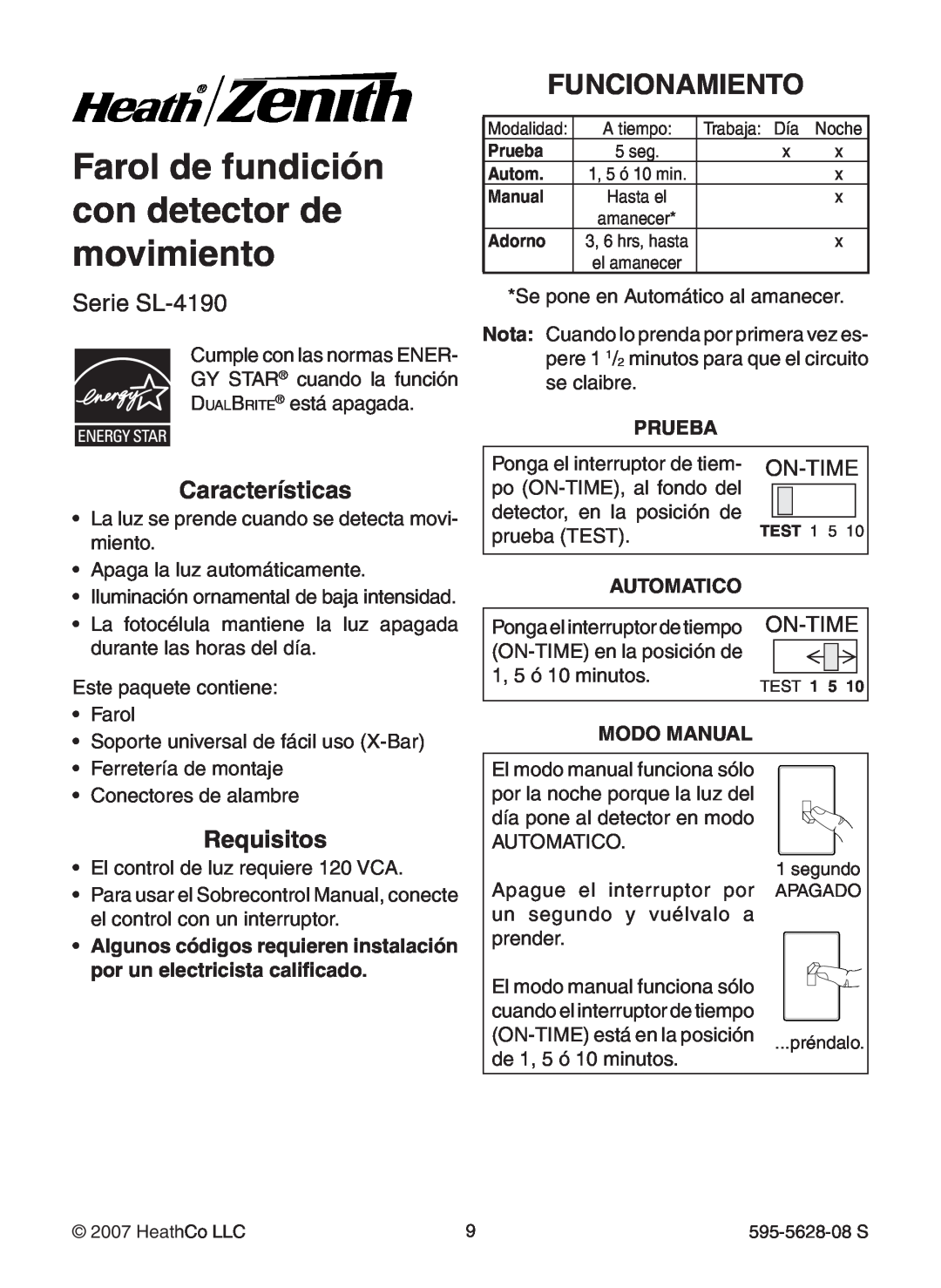Heath Zenith SL-4190 Series Farol de fundición con detector de movimiento, Funcionamiento, Serie SL-4190, Características 