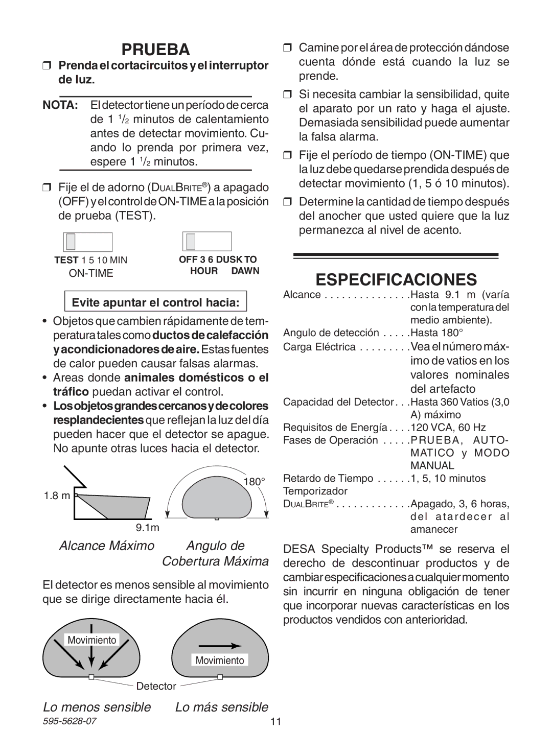 Heath Zenith SL-4190 manual Prueba, Especificaciones 