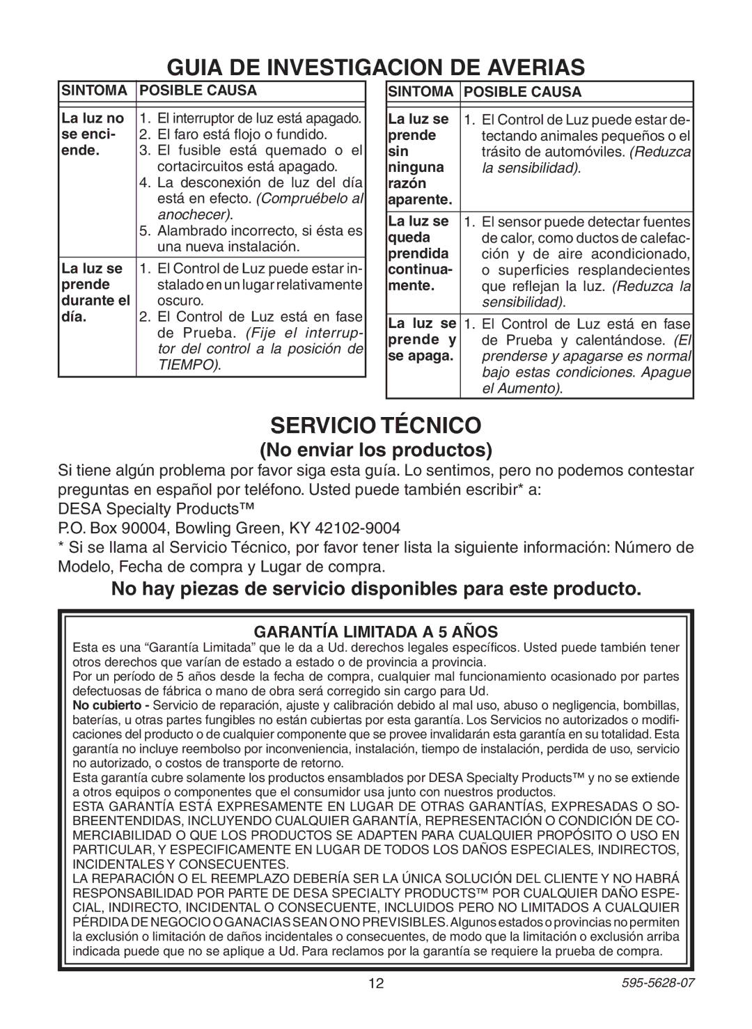 Heath Zenith SL-4190 manual Guia DE Investigacion DE Averias, Servicio Técnico, No enviar los productos 