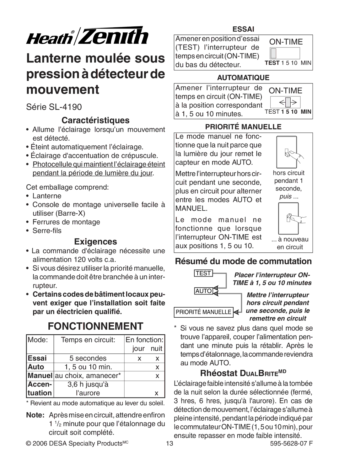 Heath Zenith SL-4190 Fonctionnement, Caractéristiques, Exigences, Résumé du mode de commutation, Rhéostat Dualbritemd 